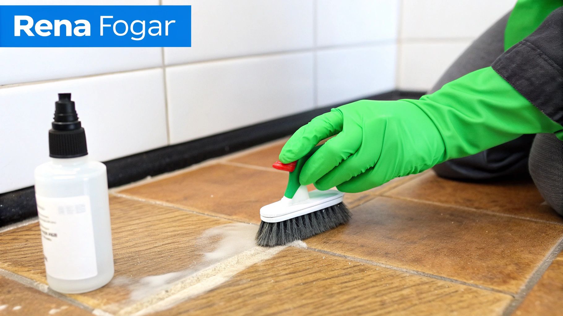 Person med gröna gummihandskar skrubbar klinkergolv med borste och rengöringsmedel