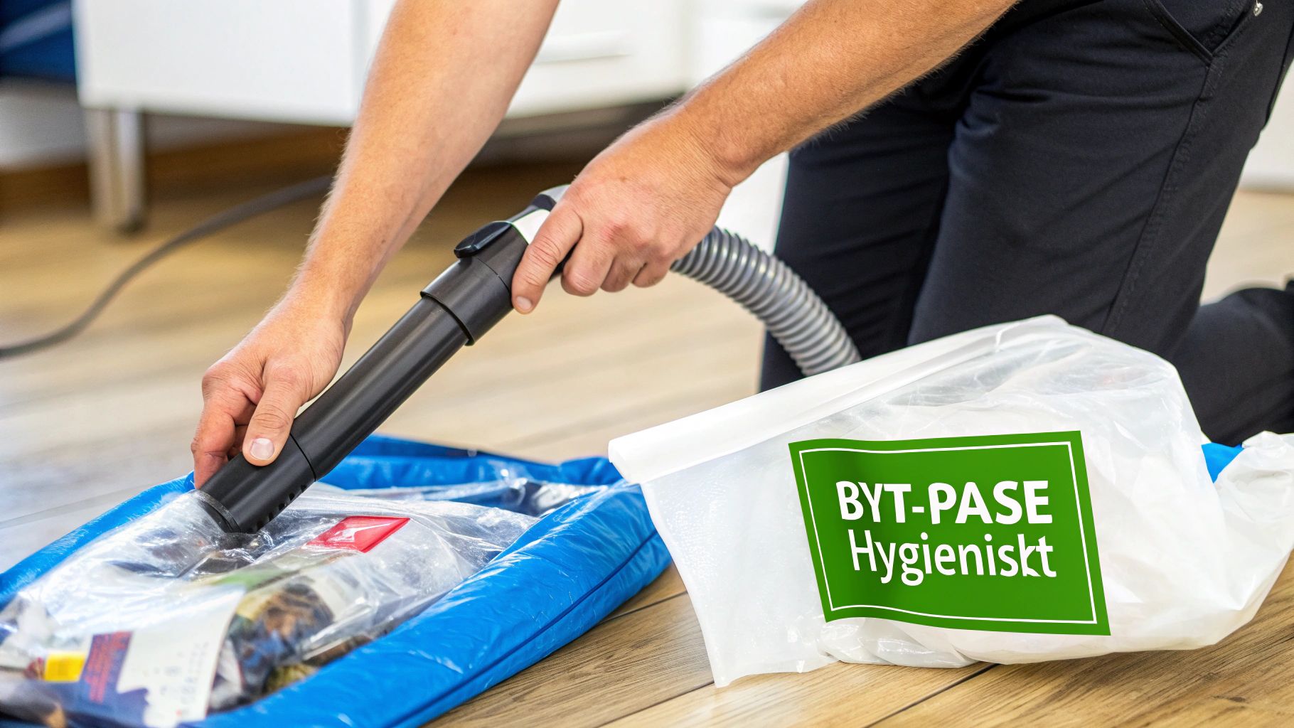 En person använder en dammsugare för att komprimera kläder i en blå vakuumpåse på ett trägolv. Bredvid ligger en vit påse märkt "BYT-PASE Hygieniskt".