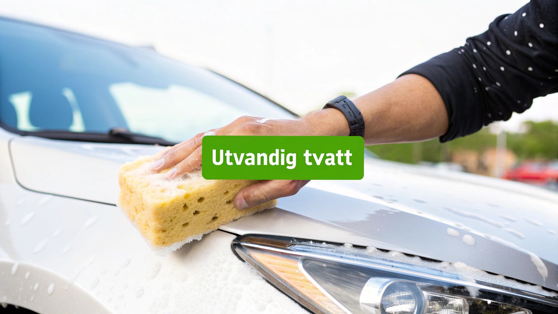 En person tvättar en vit bil med en gul svamp och skummande tvål, med texten 'Utvändig tvätt'.
