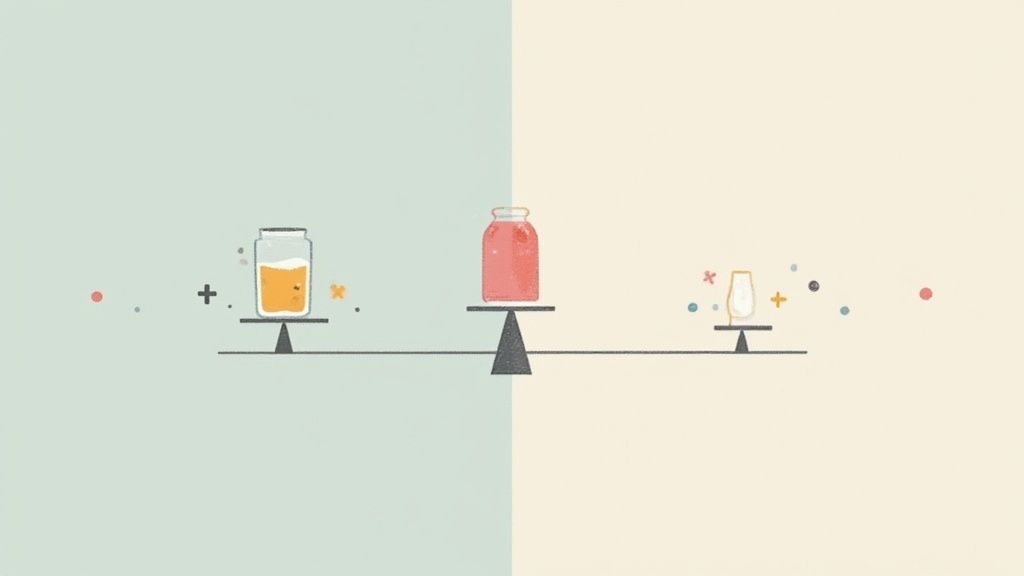 En illustration som visar tre behållare med vätska på vågar, mot en delad grön och gul bakgrund.