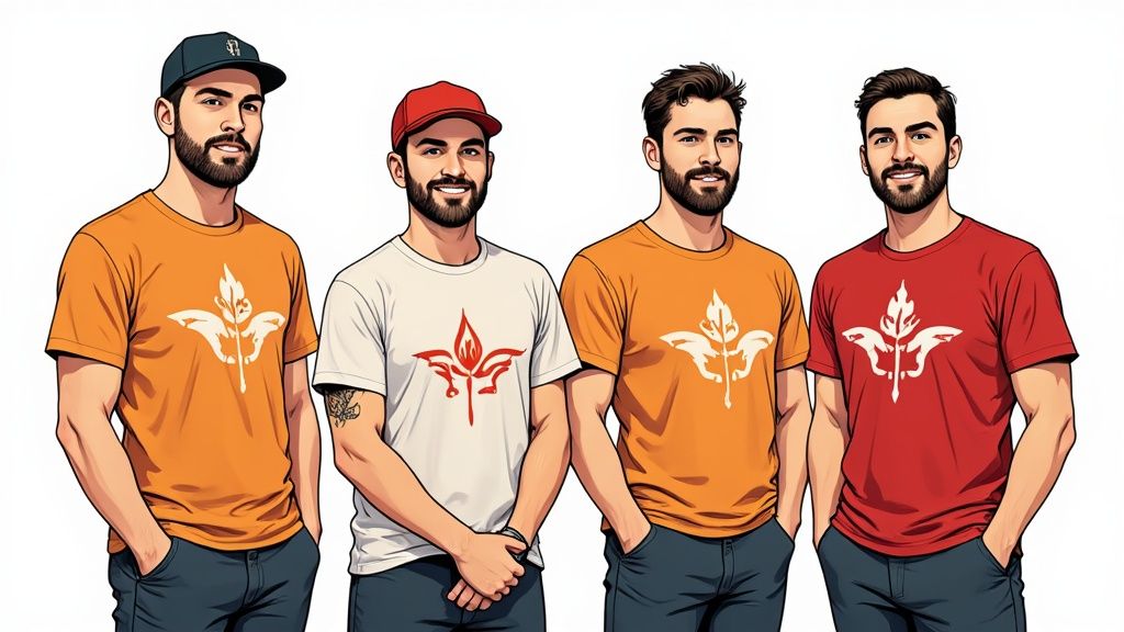Fyra skäggiga män i t-shirts med logotyper och jeans, två med kepsar, ler mot kameran.