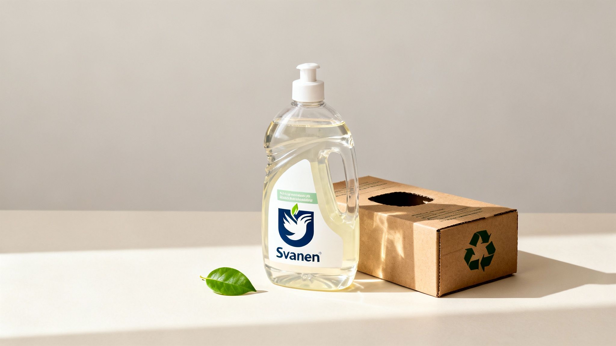 En bild som visar Svanenmärkt diskmedel och en grön växt för att illustrera hållbarhet.