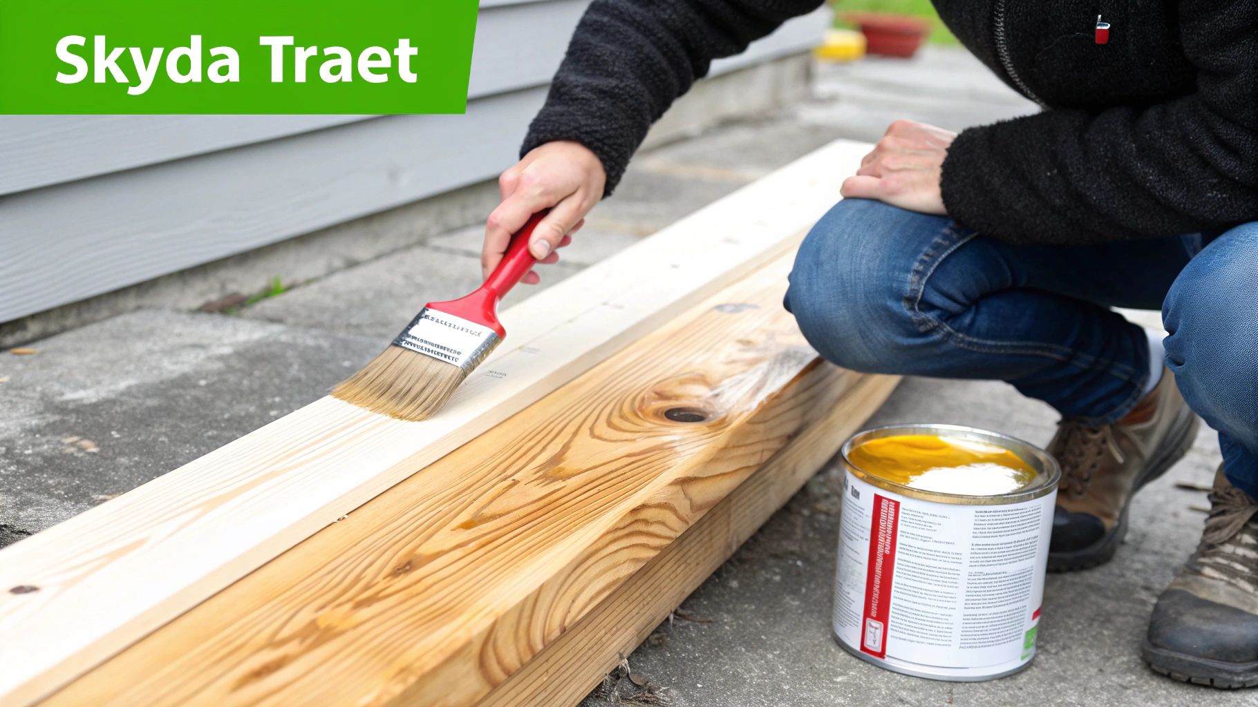 En person penslar träskyddsmedel på träplankor utomhus, för att skydda träet mot väder och vind.