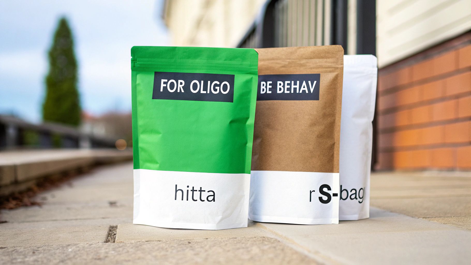 Tre förpackningar, en grön, en brun och en vit, står uppställda utomhus på en stenlagd yta. De har texten 'S-bag'.