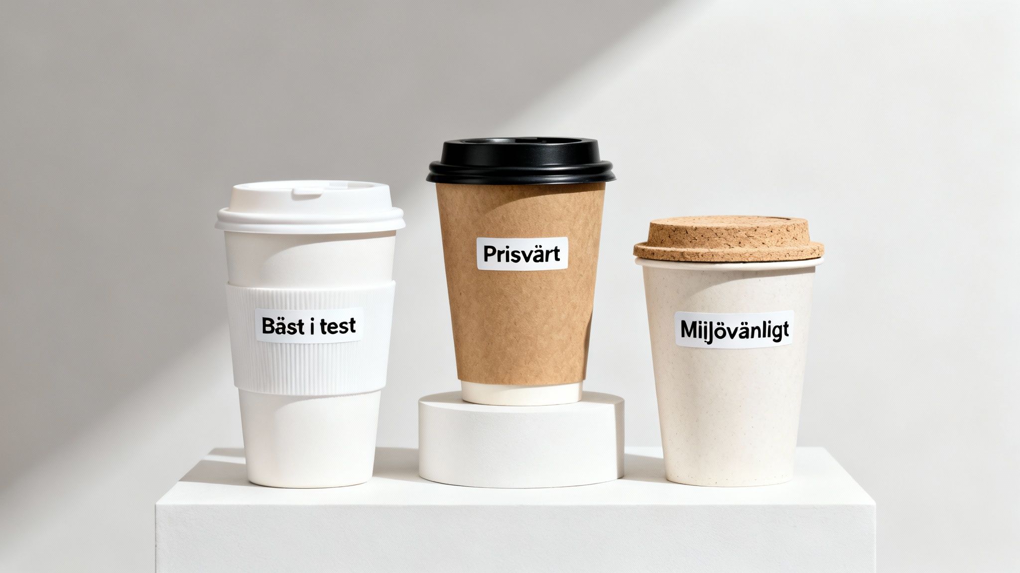 Ett urval av take away muggar med lock i olika designer