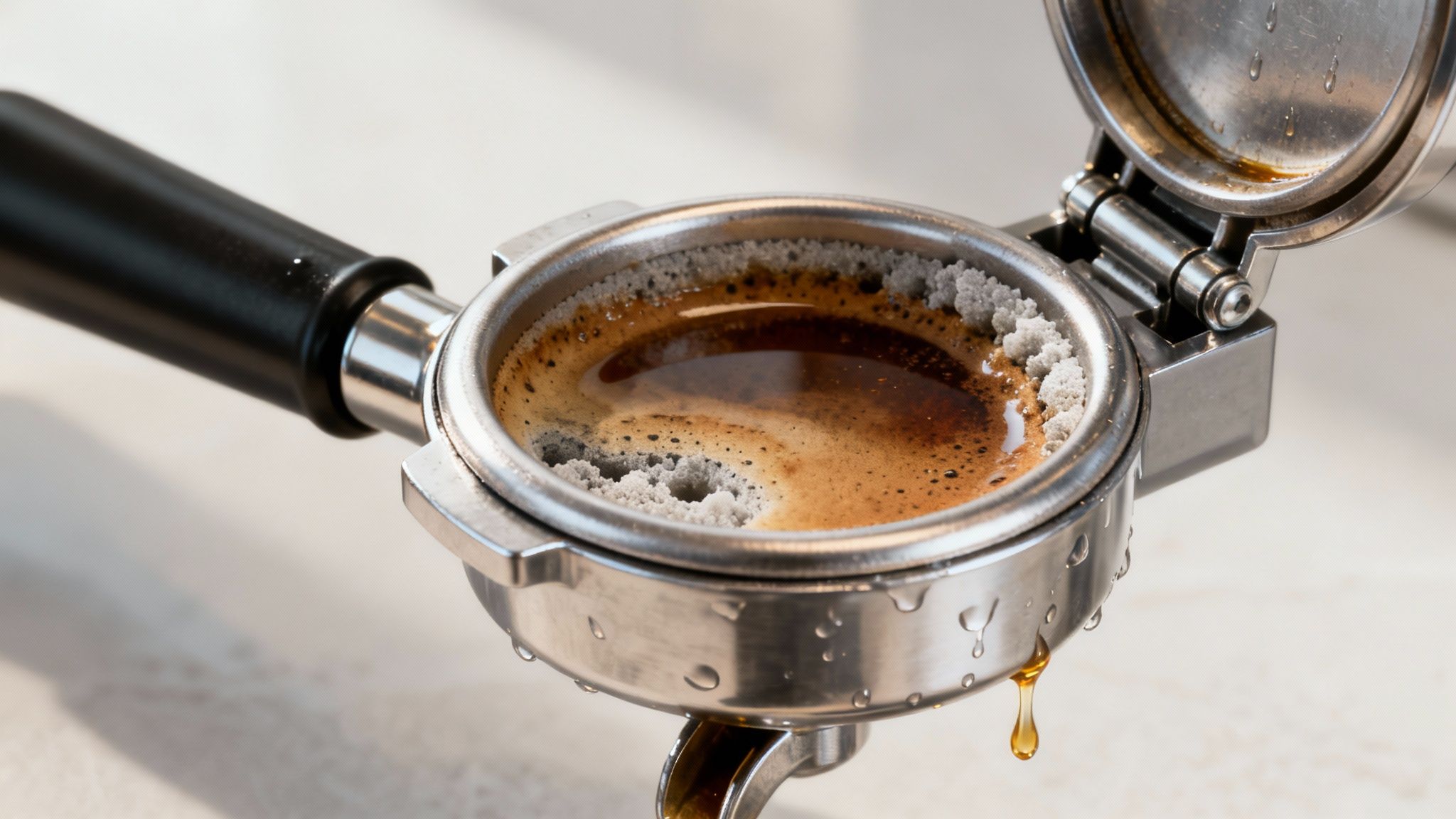 En professionell barista som rengör en espressomaskin med en borste.