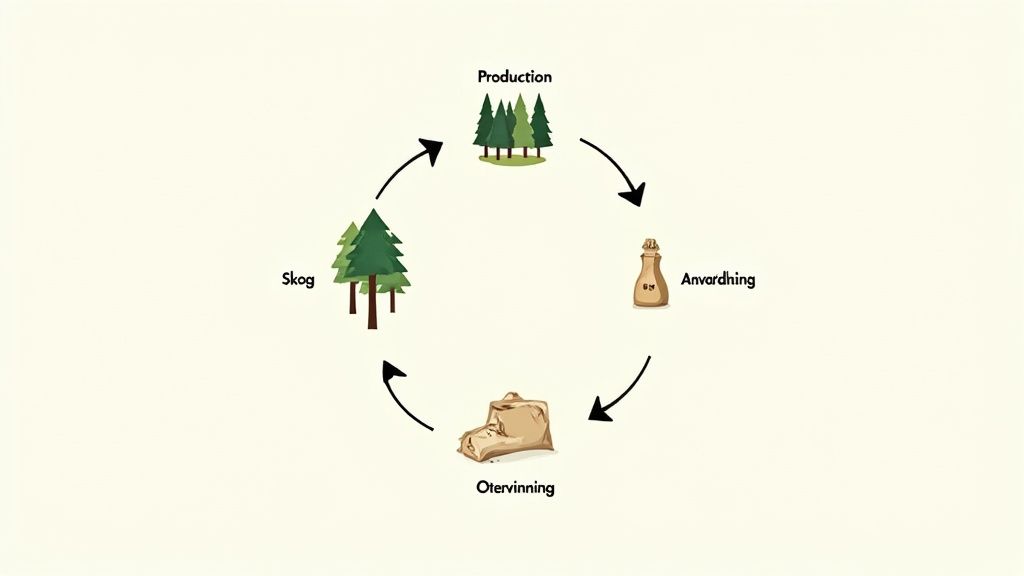 En illustration av skogens kretslopp som visar skog, produktion, användning och återvinning i ett cirkulärt flöde.