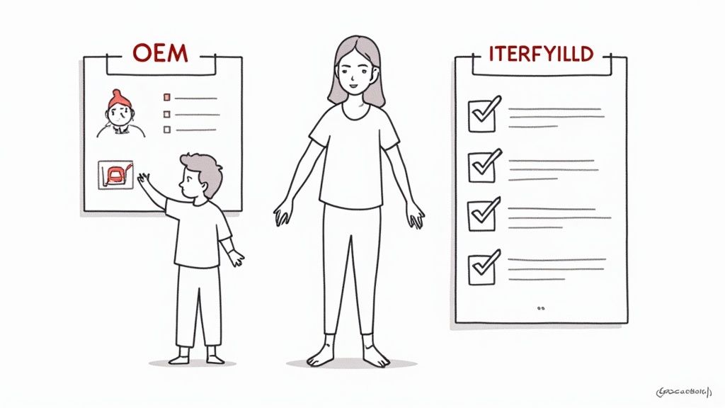 Tecknad bild som jämför OEM och 'Iterfylld' processer för skrivarpatroner, med personer och en ifylld checklista.