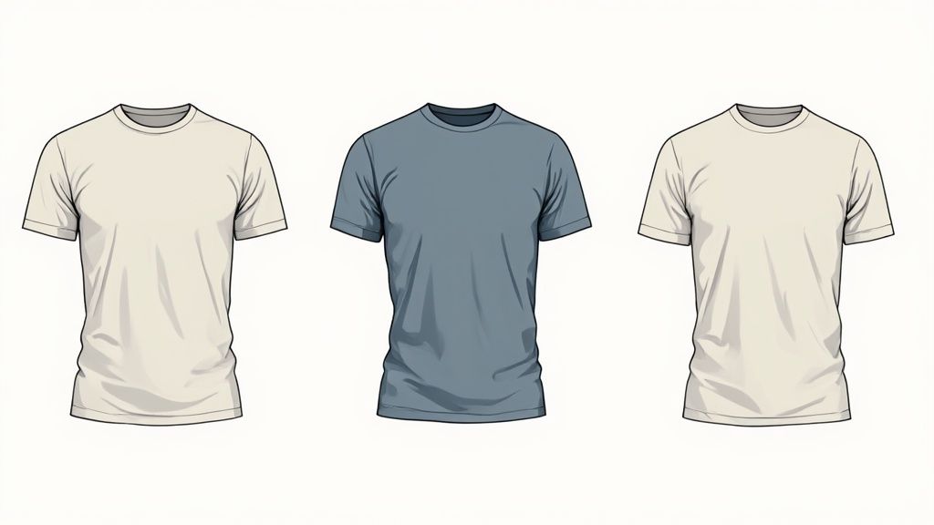 Tre enfärgade t-shirts i bomull, två ljusa och en blå, presenterade på en vit bakgrund.