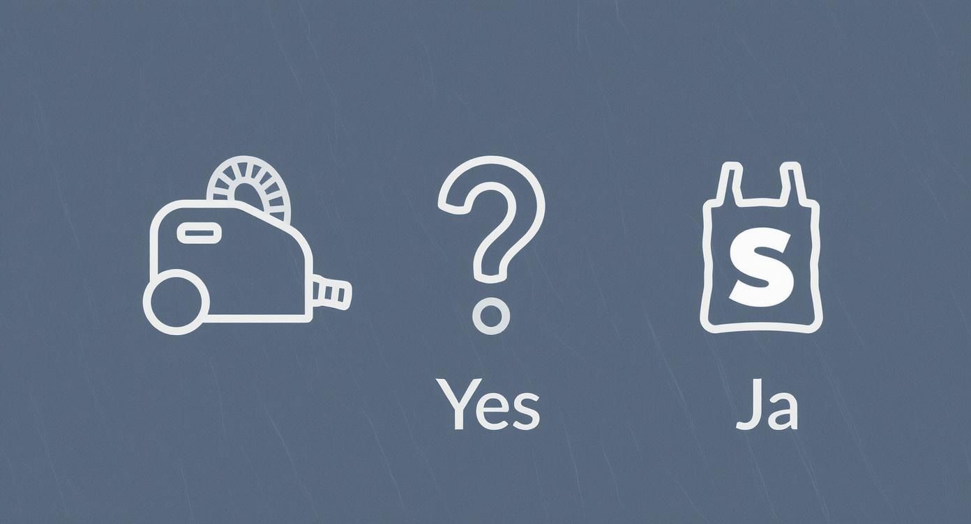 Symboler för dammsugare, frågetecken med texten "Yes" och en S-påse med texten "Ja".