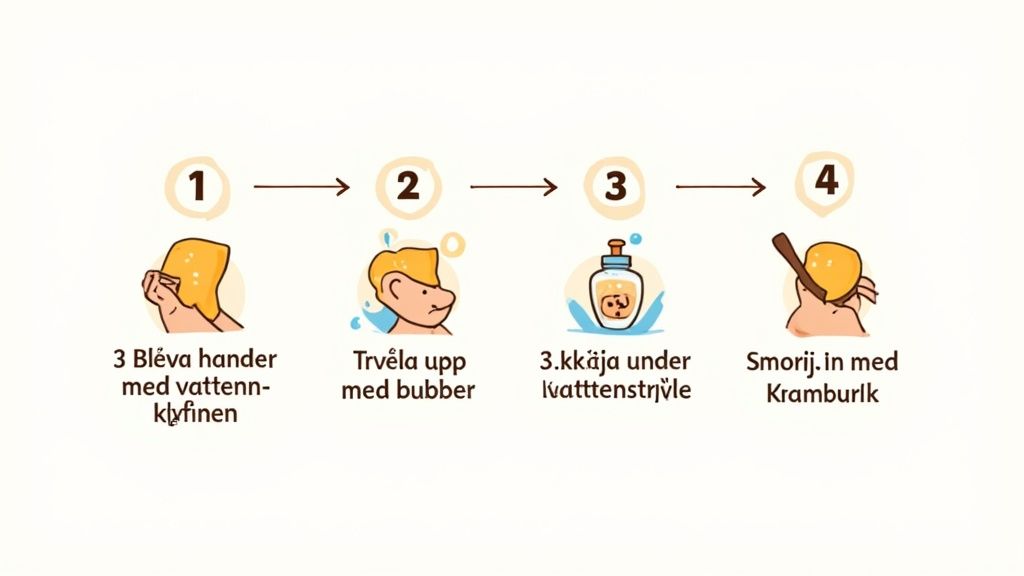 En illustrerad guide i fyra steg som visar hur man tvättar händerna: blöt, löddra, skölj och återfukta.