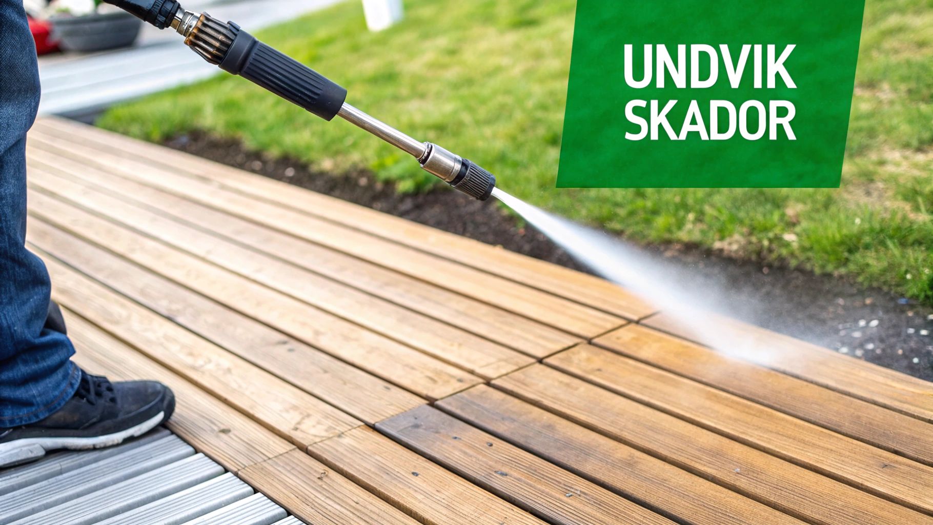 En person tvättar en träaltan med högtryckstvätt, med texten "UNDVIK SKADOR" i övre högra hörnet.