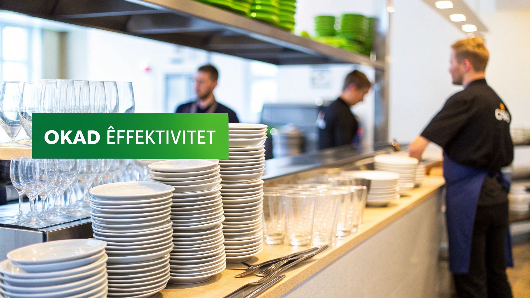 Professionellt restaurangkök med staplade tallrikar, glas och bestick som visar effektiv diskhantering