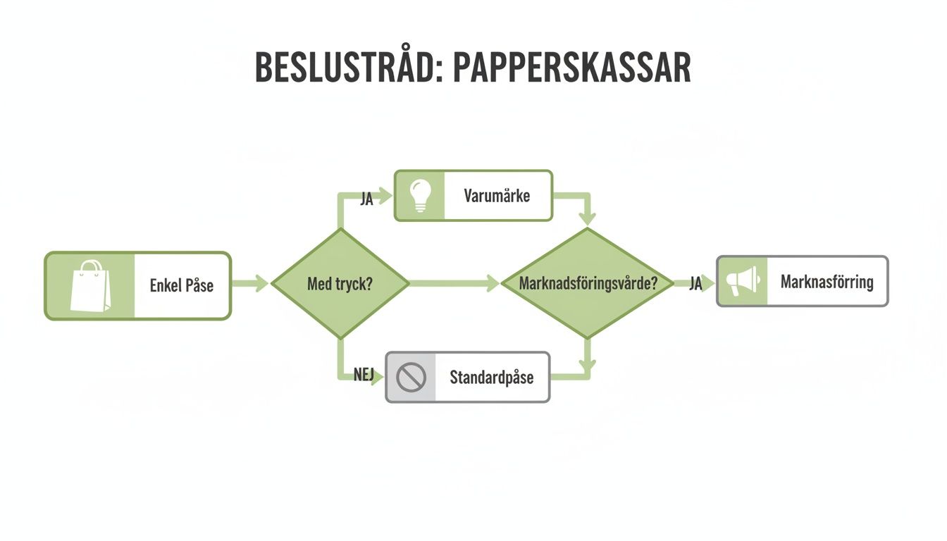 Flödesschema som illustrerar beslutsprocessen för papperskassar, med frågor om tryck och marknadsföringsvärde.
