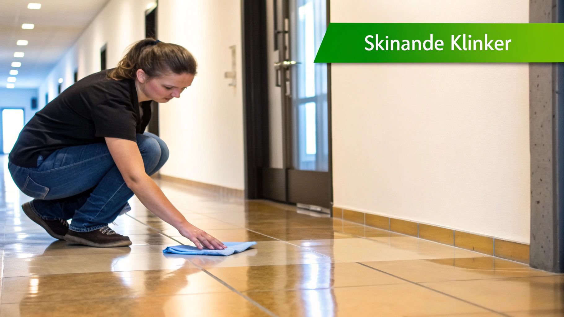 Kvinna torkar rent klinkergolv med blå trasa i modern korridor med skinande klinker