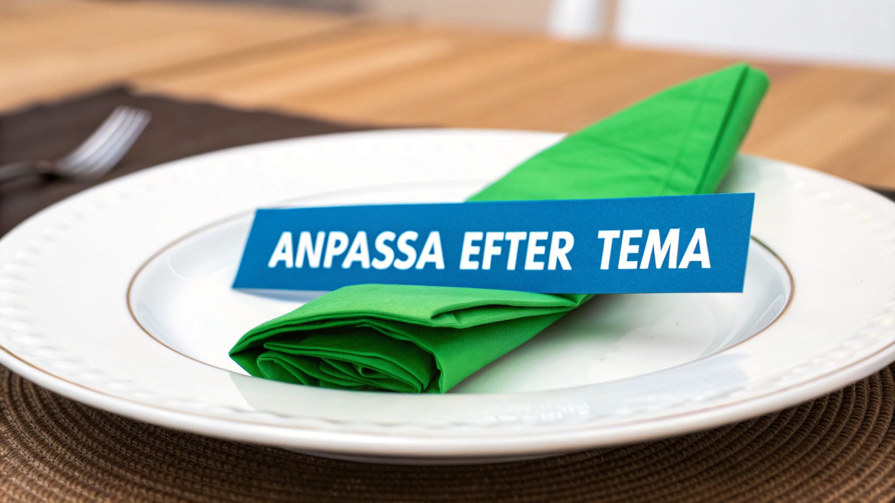 En person som lägger till en liten grankvist i en servett vikt för bestick på ett juldukat bord.
