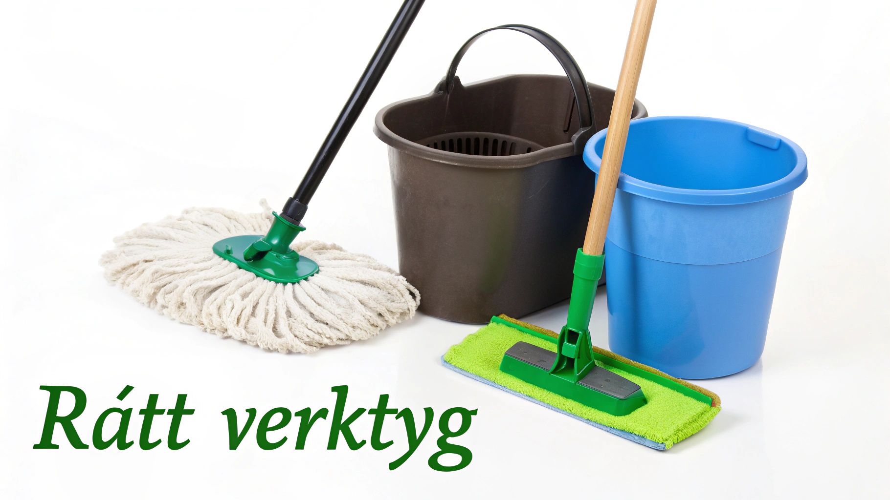 Städutrustning för klinkergolv med moppar, hinkar och rengöringsverktyg på vit bakgrund