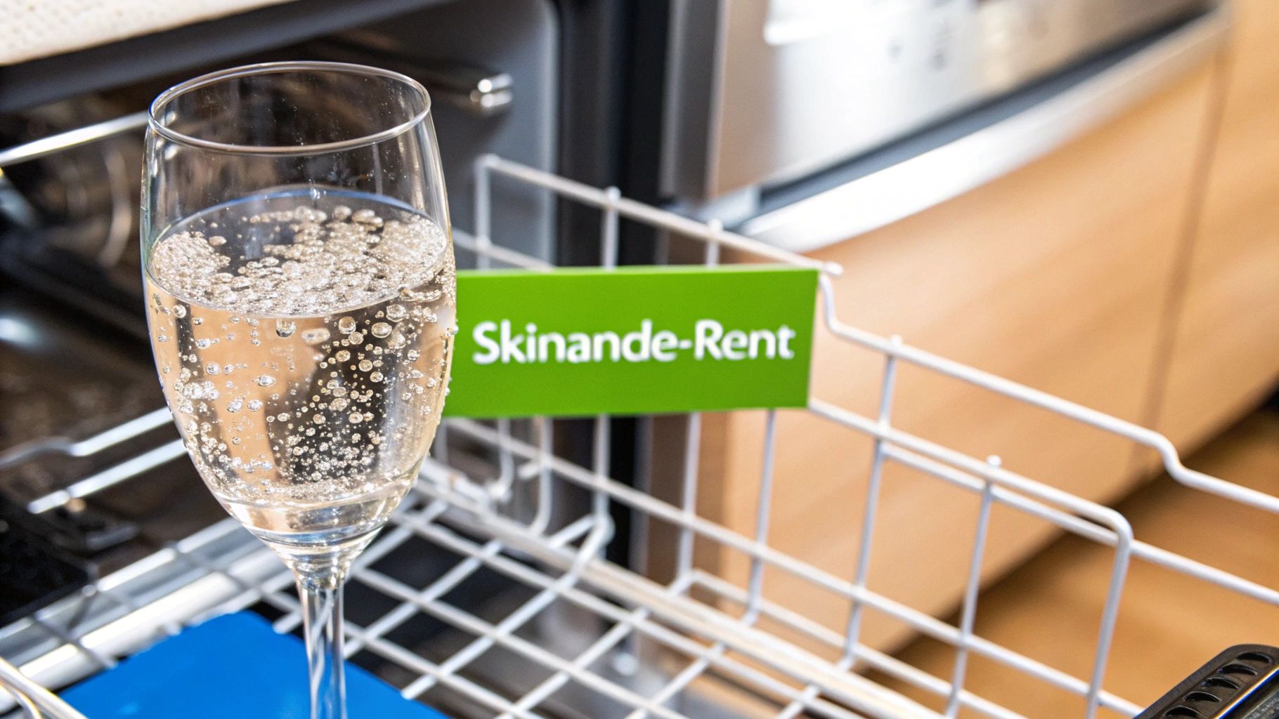Ett glas mousserande vatten i diskmaskin med Skinande-Rent logotyp, symboliserar rena diskresultat