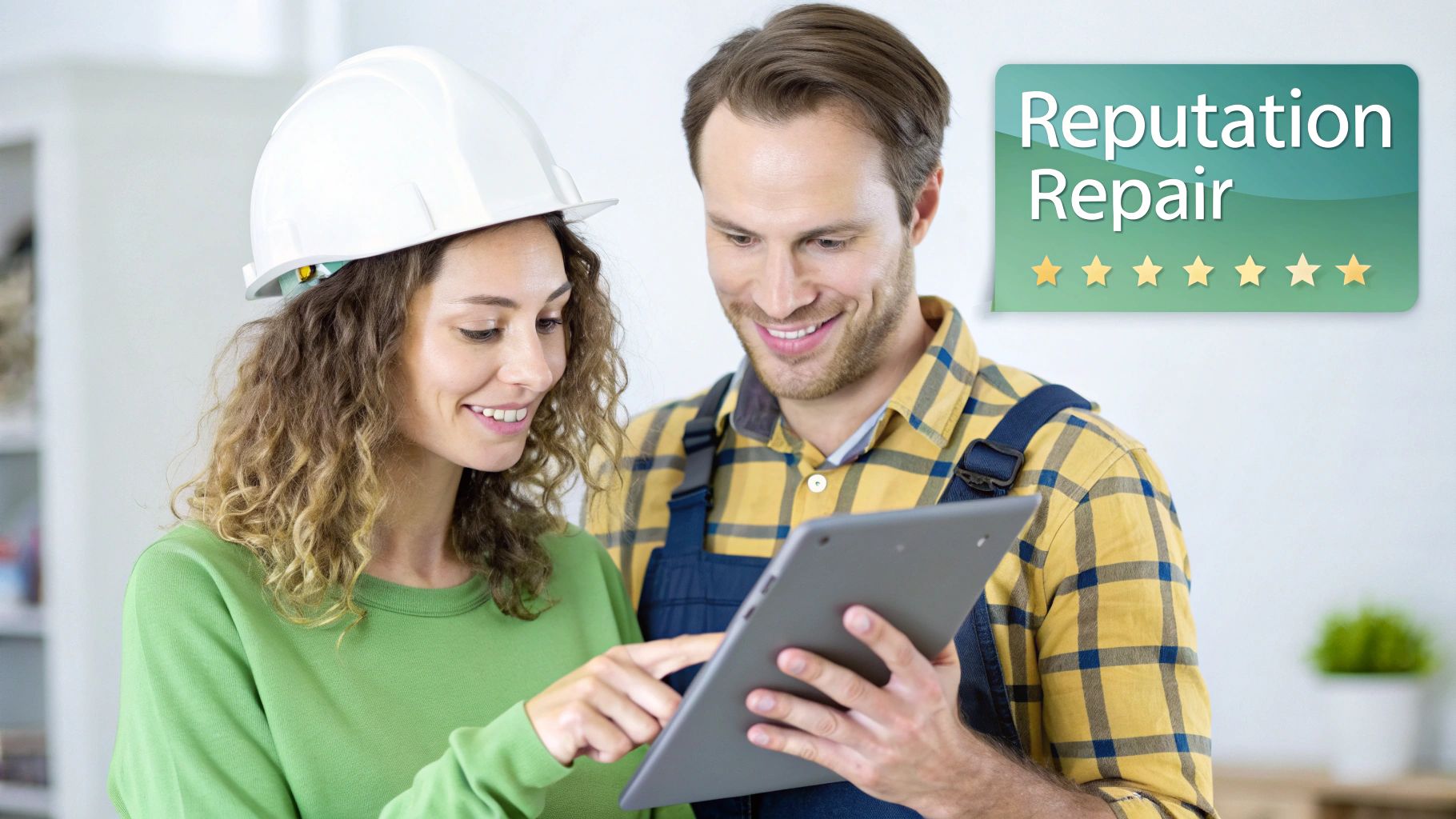 Two smiling contractors, a woman in a hard hat and a man in overalls, reviewing a tablet with a 'Reputation Repair' sign in the background.