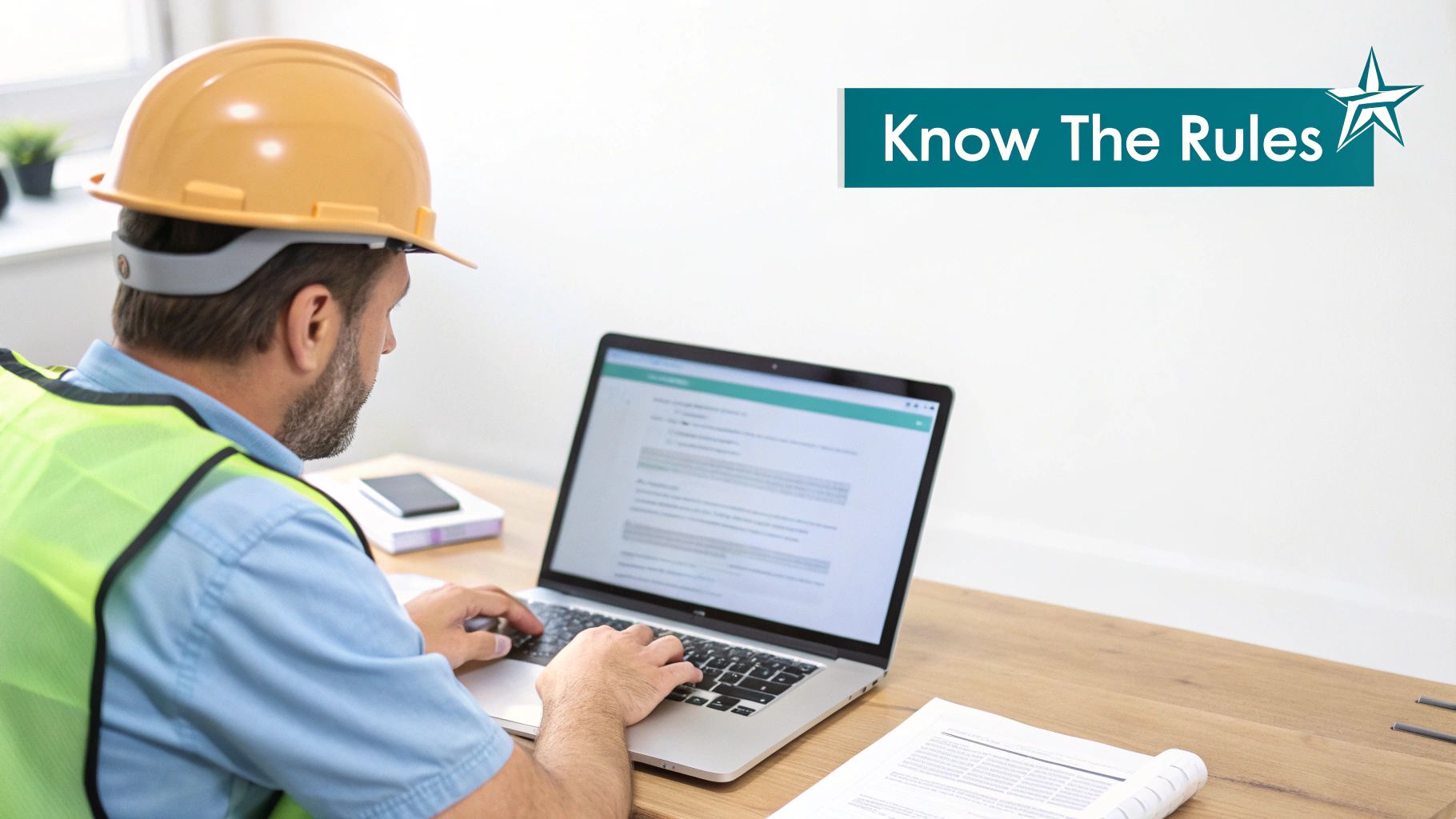 A construction worker in a hard hat and safety vest reviews rules on a laptop.