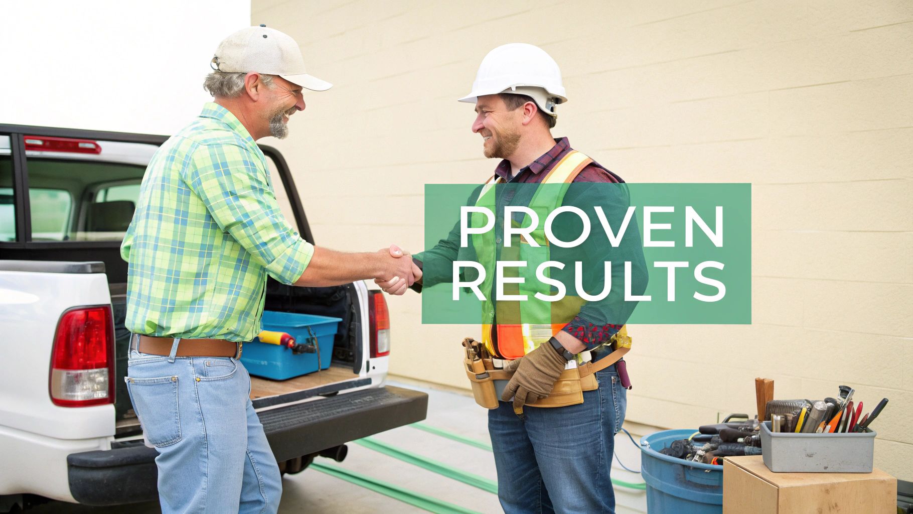 Two smiling men, a contractor and a client, shake hands beside a truck with tools.