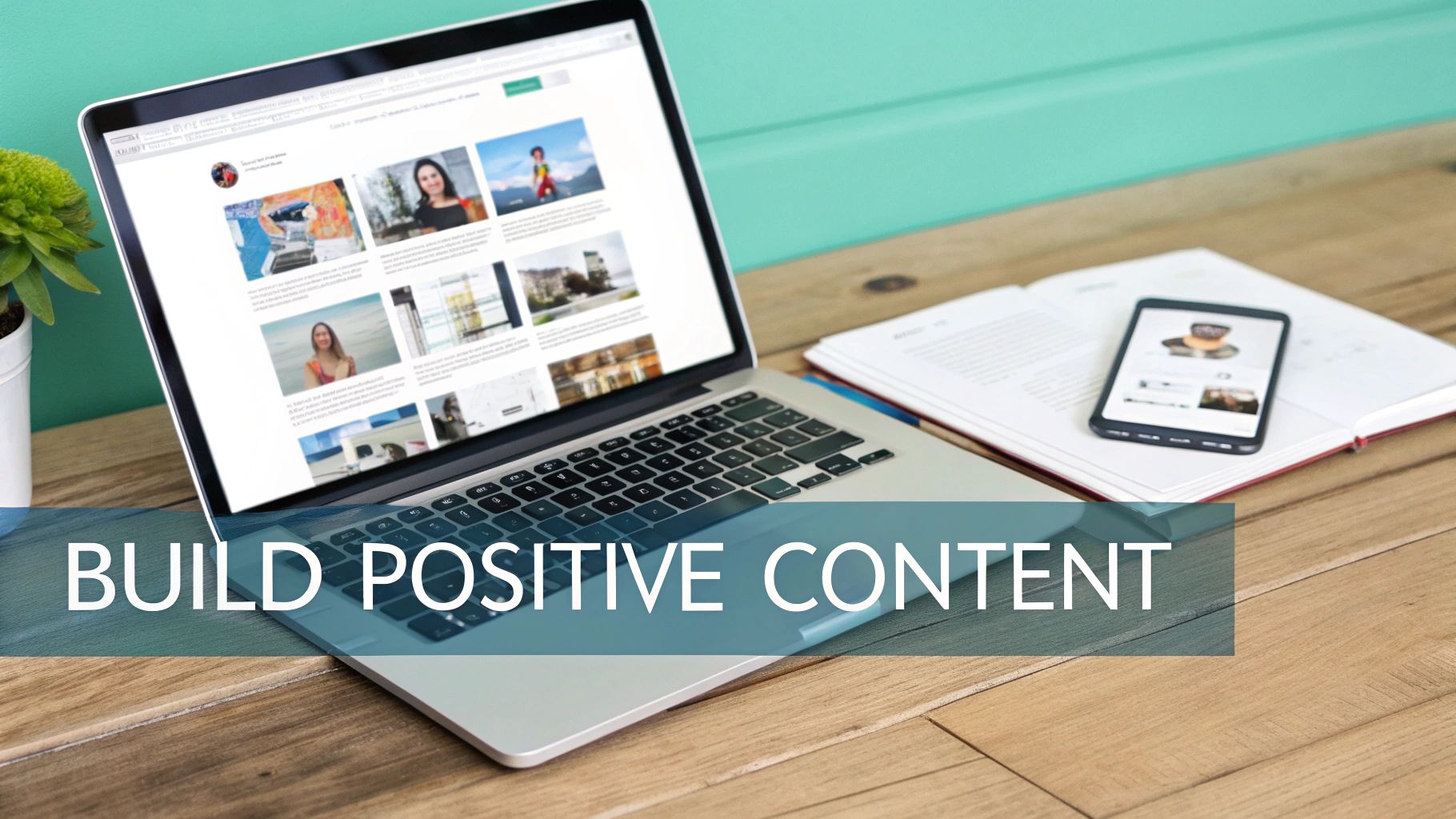 A laptop and smartphone on a wooden desk, displaying content and the text 'BUILD POSITIVE CONTENT' over the image.