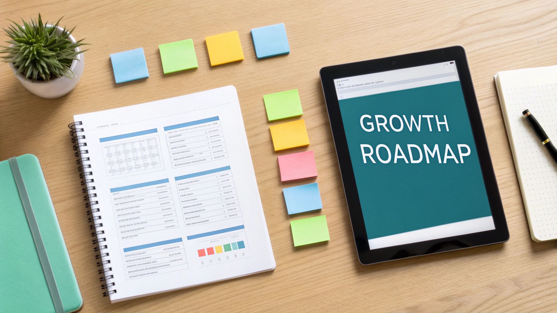 Flat lay of an office desk with a tablet showing 'Growth Roadmap' and various planning tools.