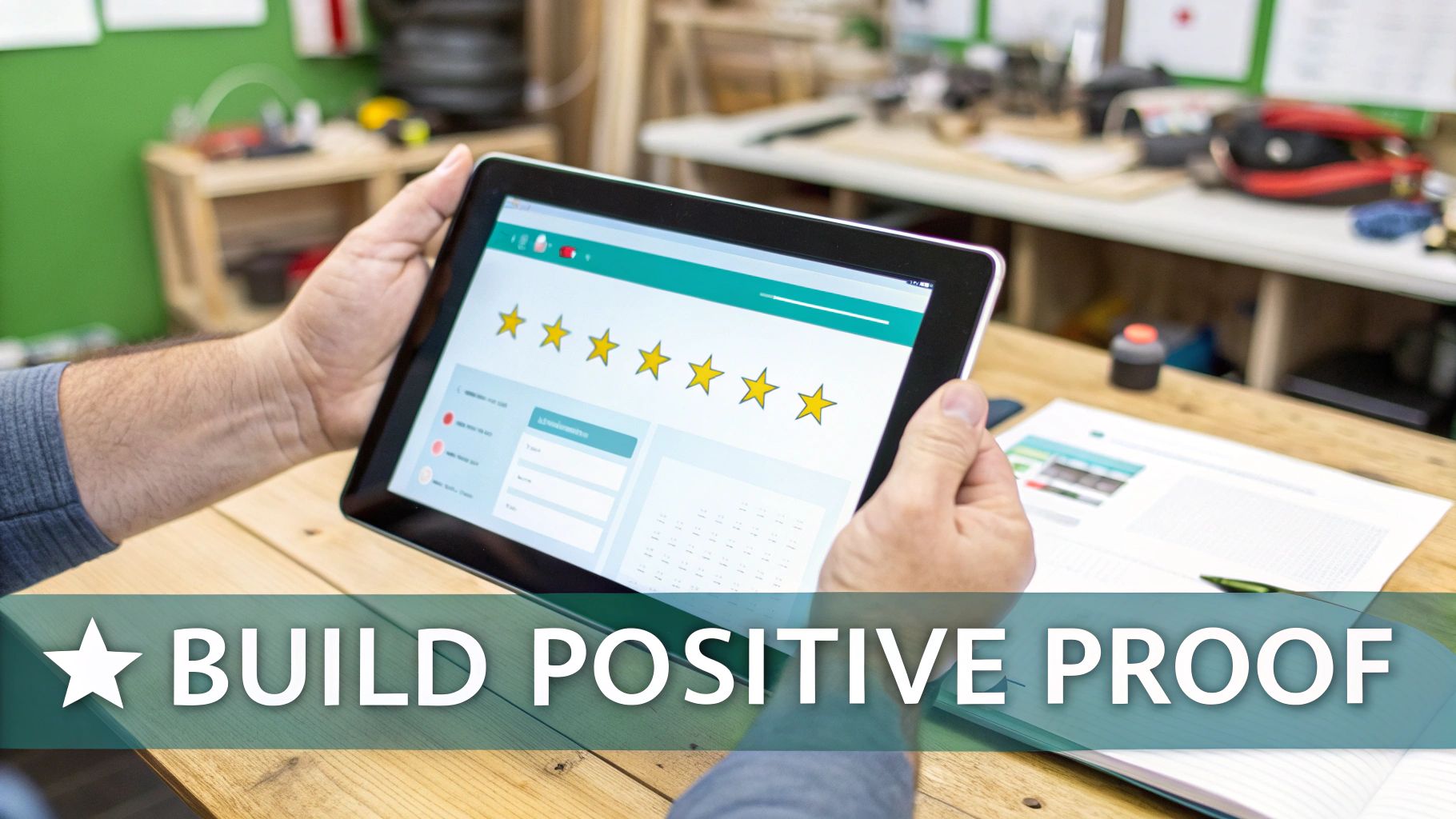 Hands holding a tablet displaying a 5-star customer review interface for building positive proof.