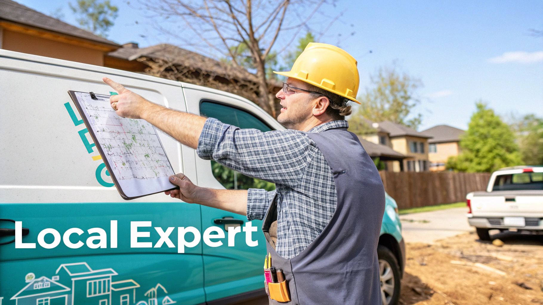 A contractor in a hard hat points at a map on a clipboard next to a service van.