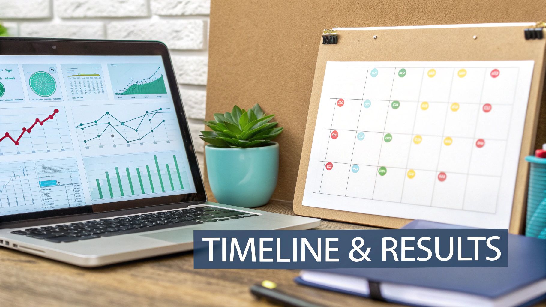 A laptop displaying various business graphs, a calendar, and a plant on a desk, illustrating 'TIMELINE & RESULTS'.