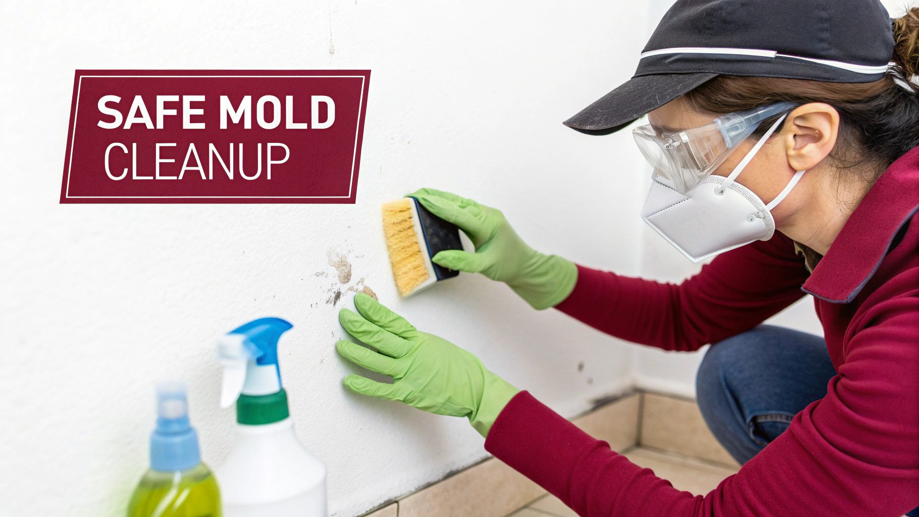 A Person In Protective Gear Diligently Cleans Mold From A White Wall Using A Scrub Brush.