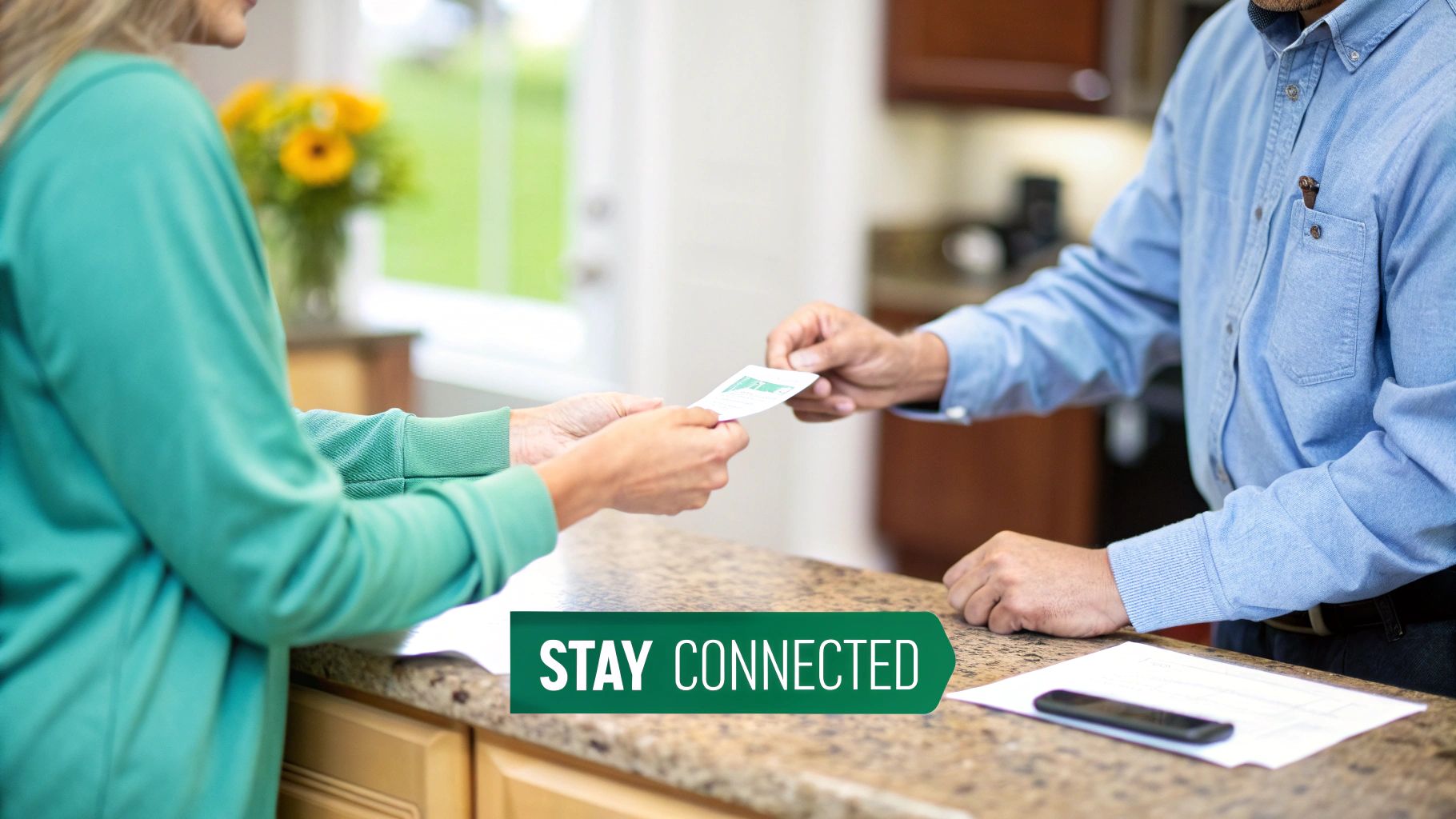 Two people exchanging a business card over a counter, with a 'Stay Connected' banner.