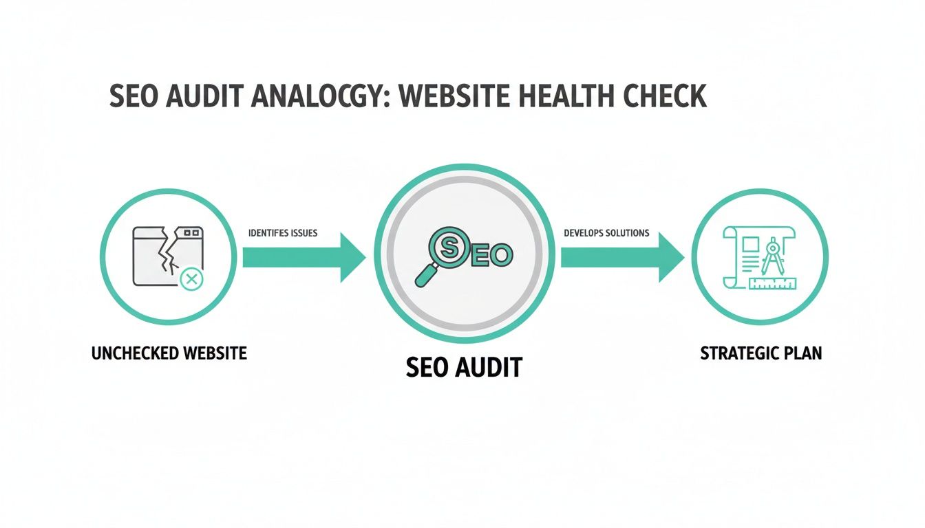 Infographic showing the SEO audit process: identifying website issues, conducting an audit, and developing a strategic plan.