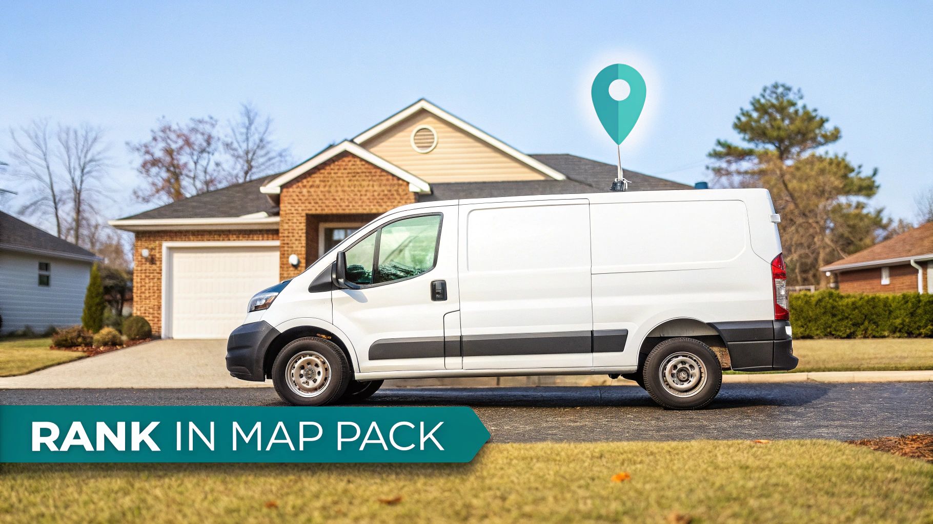 White service van with a location pin above, parked at a house, displaying 'RANK IN MAP PACK'.