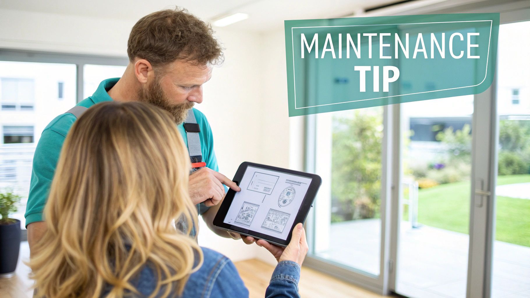 A technician and a homeowner review maintenance diagrams on a tablet, highlighting a 'MAINTENANCE TIP'.