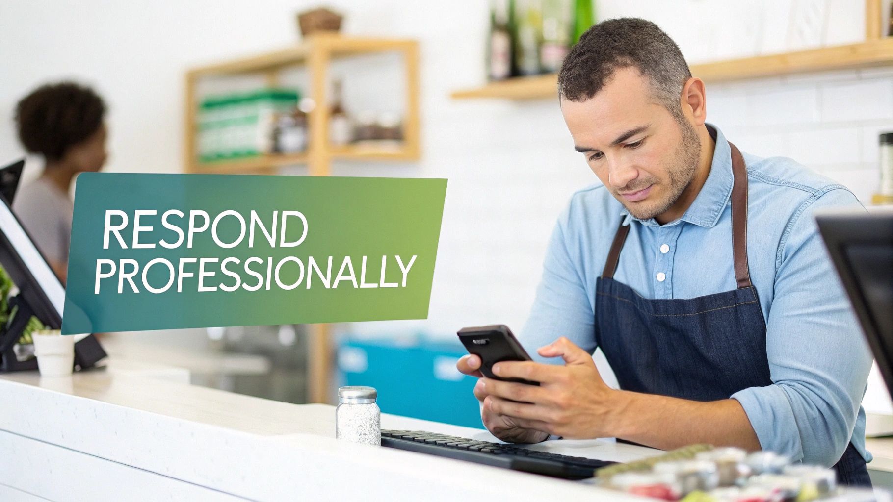 A male cafe worker in an apron checks his phone with a "RESPOND PROFESSIONALLY" sign.