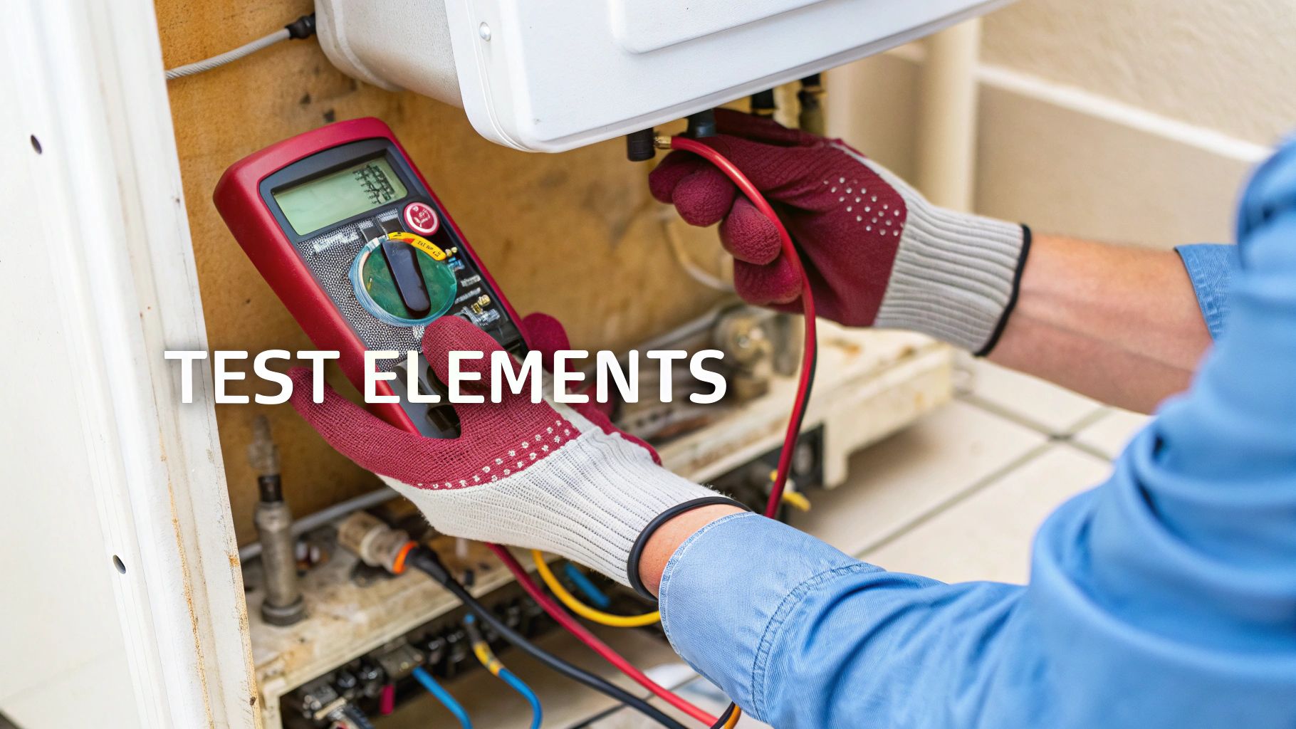 A Technician In Red And White Gloves Uses A Multimeter To Test Components Of An Electric Hot Water Heater.