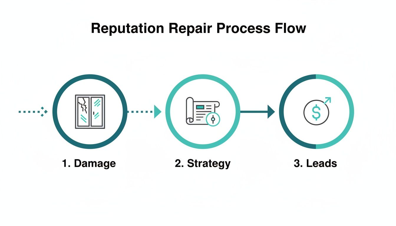 Flowchart illustrating the reputation repair process with steps: damage, strategy, and leads.