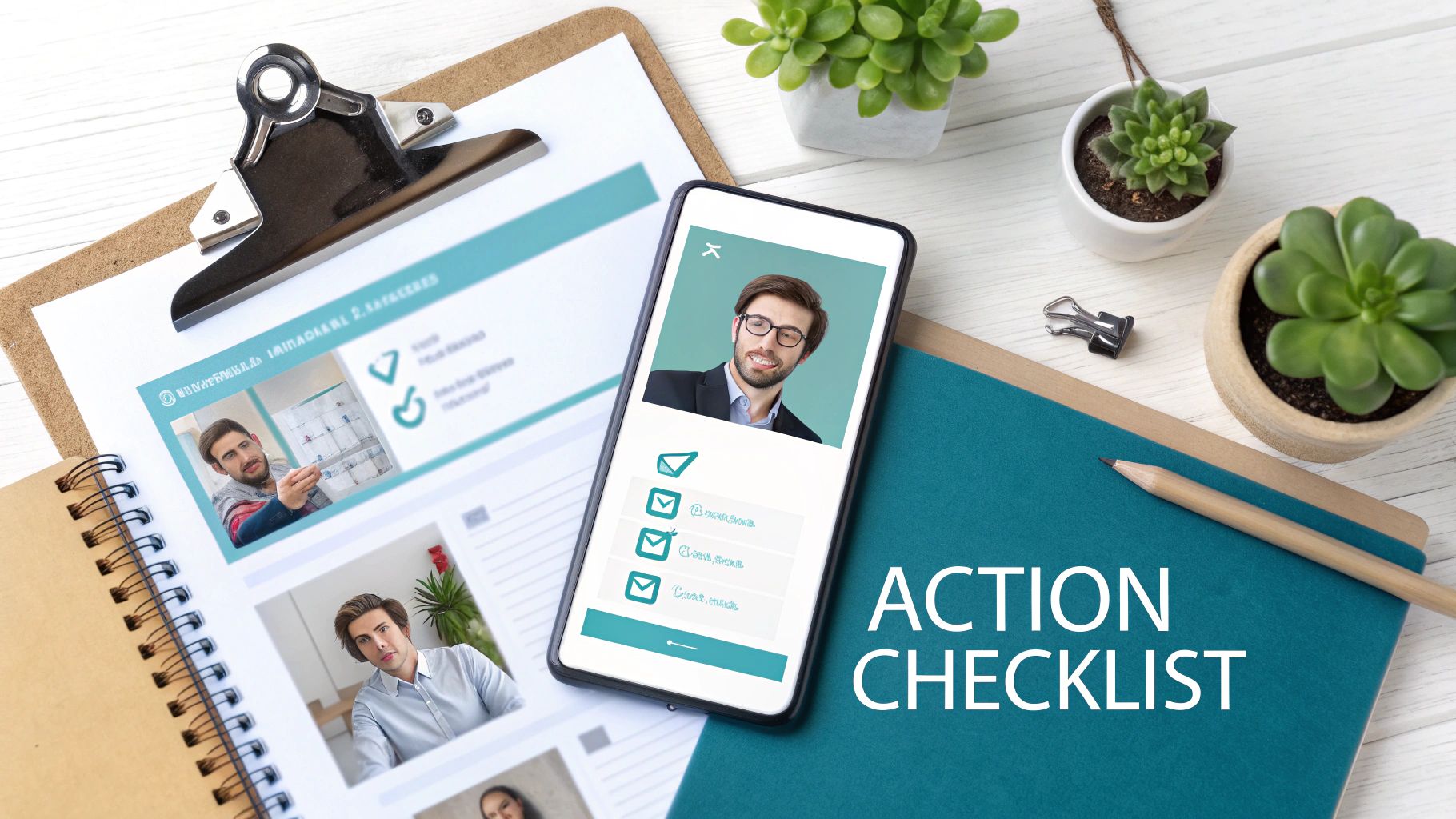 Flat lay of a desk with a smartphone showing a profile and checklist, and a notebook titled 'Action Checklist'.