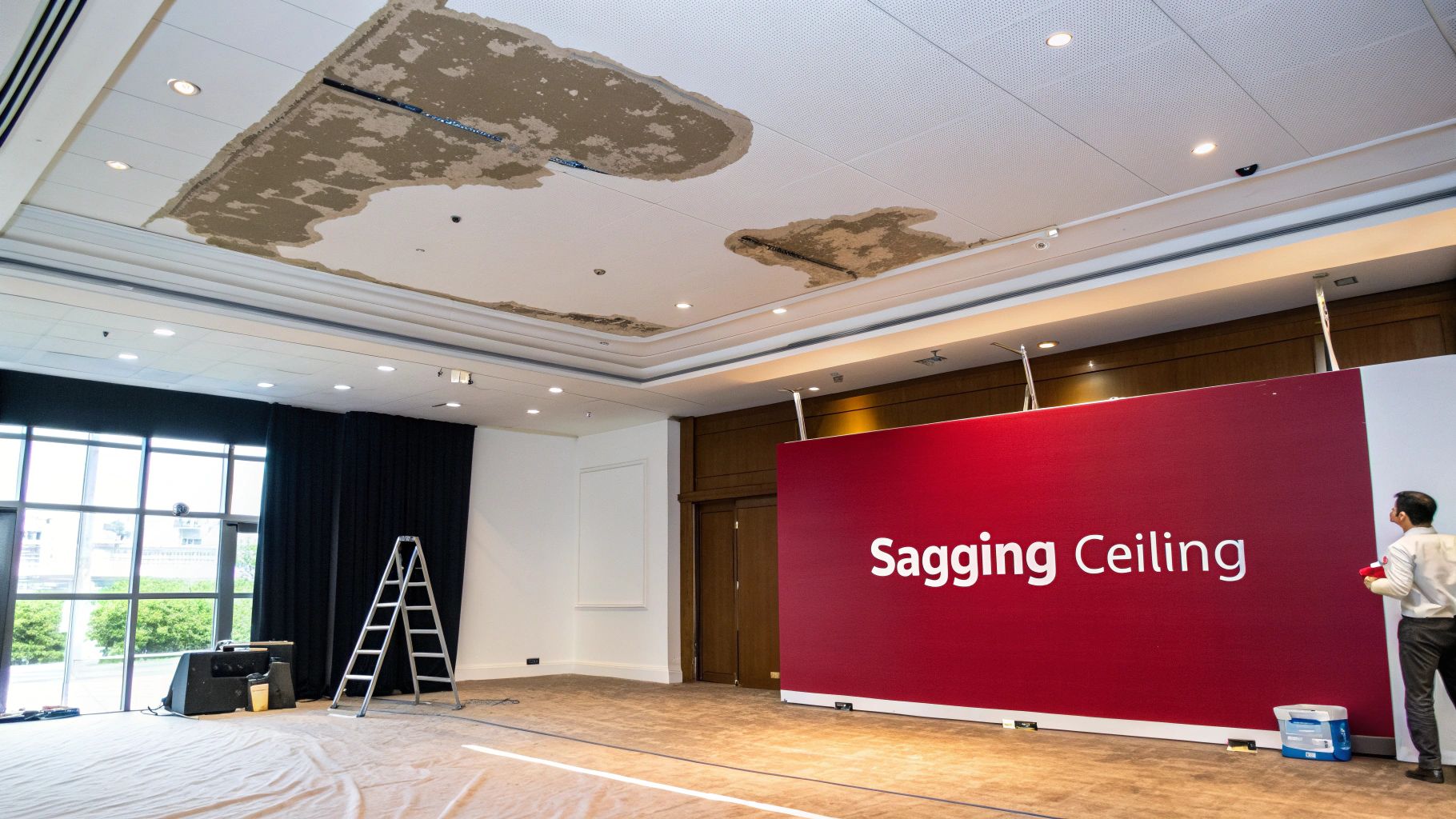 A Large Room With A Damaged Ceiling Showing Signs Of Water Damage And Sagging Plaster. A Red Sign Says 'Sagging Ceiling'.