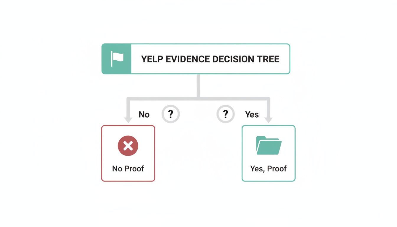 A Yelp evidence decision tree flowchart, illustrating paths to 'No Proof' or 'Yes, Proof' outcomes.