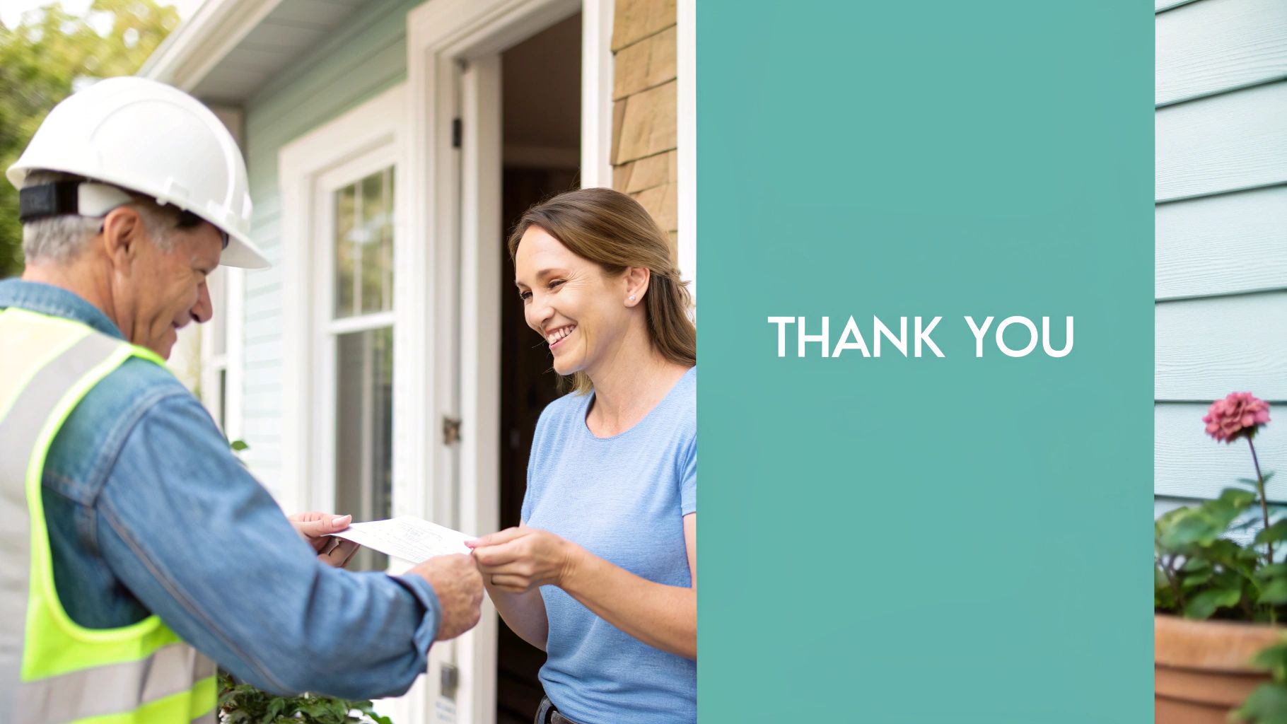 A smiling woman accepts a document from a service worker in a hard hat at her home.