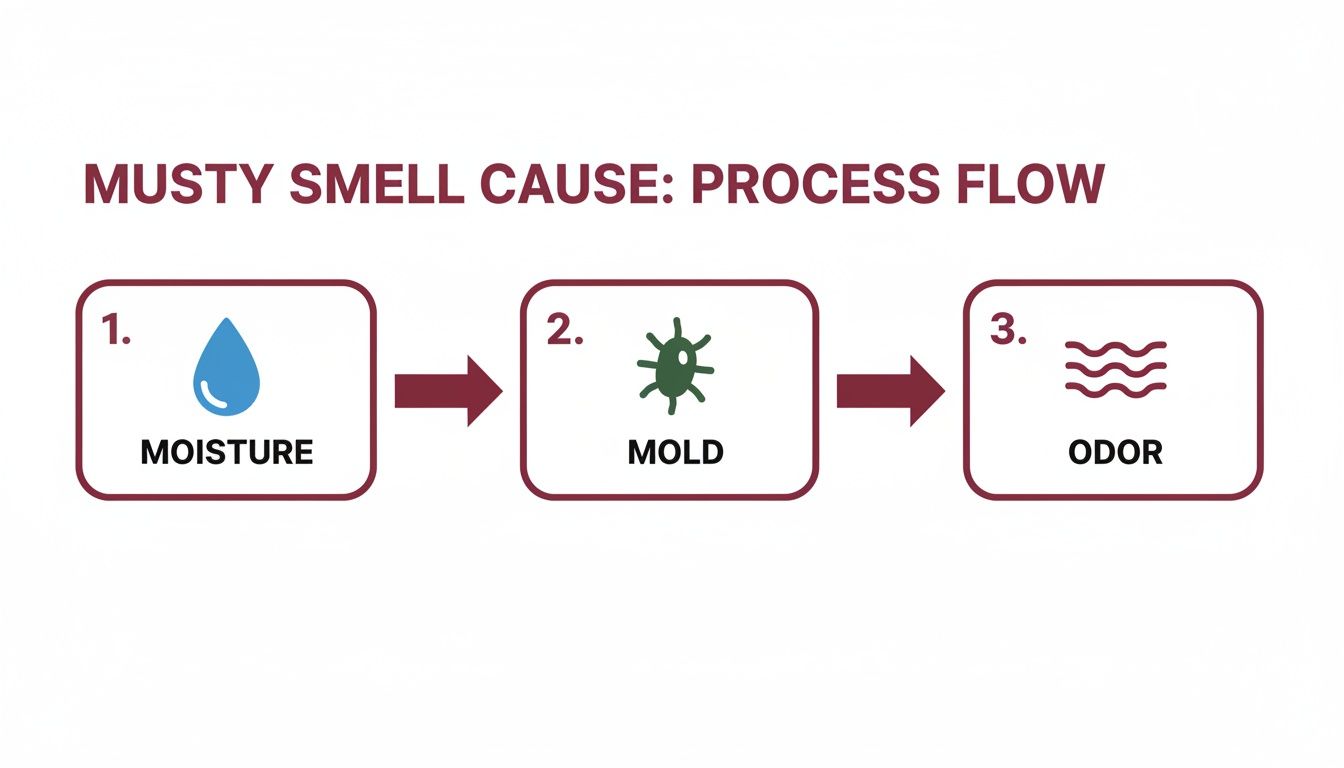 A Process Flow Diagram Illustrates How Moisture Leads To Mold, Which Then Causes Odor.