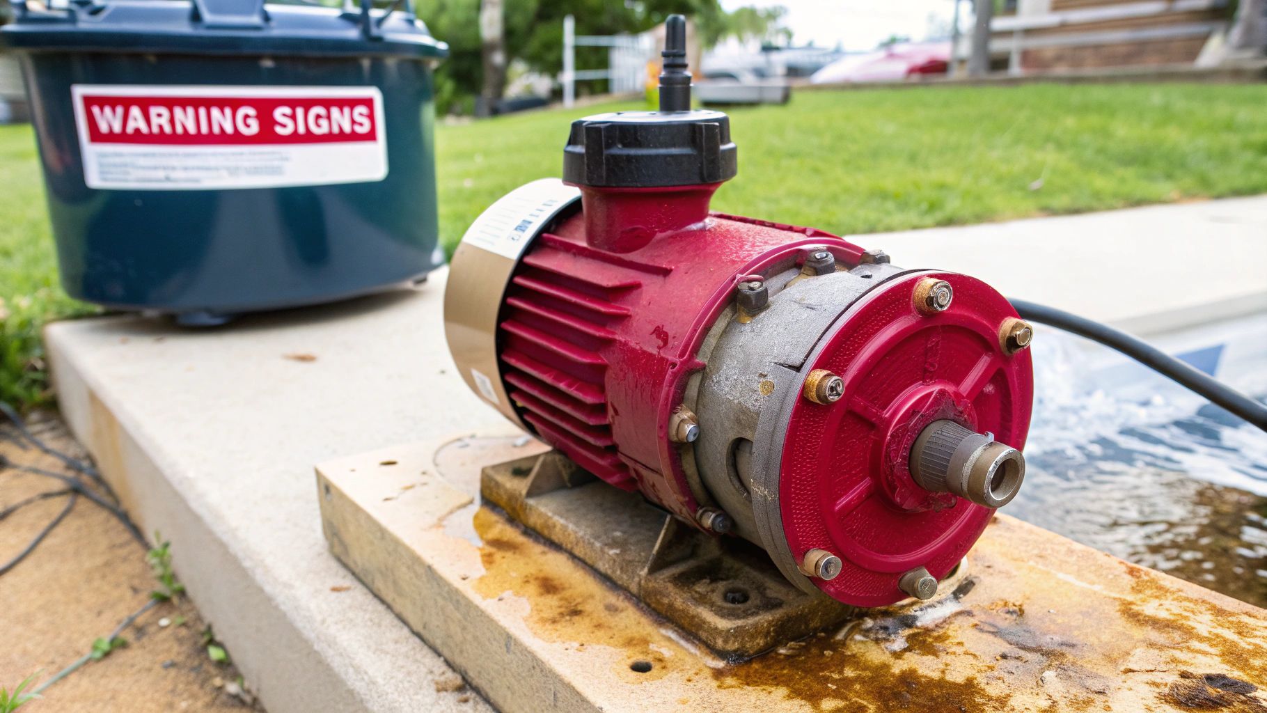 How To Tell If Sump Pump Is Working: A Quick, Practical Guide 2 A Red And Gray Electric Water Pump Sits On A Wet Wooden Base, With A Blue Warning Container In The Background.