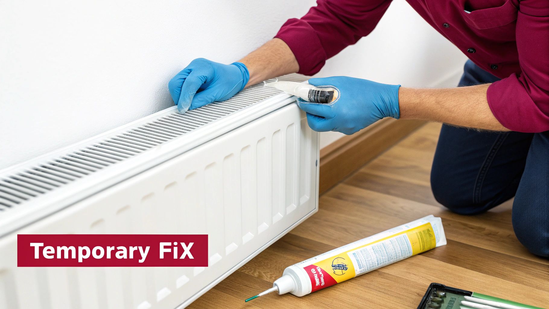 How To Stop A Radiator Leak A Practical Homeowner'S Guide 4 Person In Blue Gloves Sealing A White Radiator With Caulk, Performing A Temporary Fix.