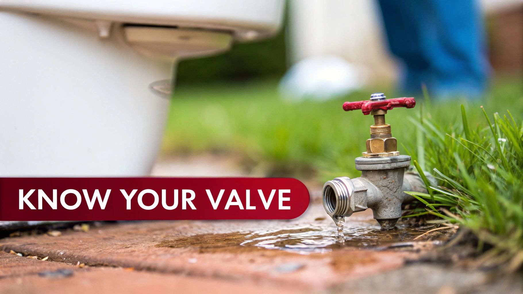 An Outdoor Water Shut-Off Valve Leaking Water Onto A Brick Path, With Text 'Know Your Valve'.
