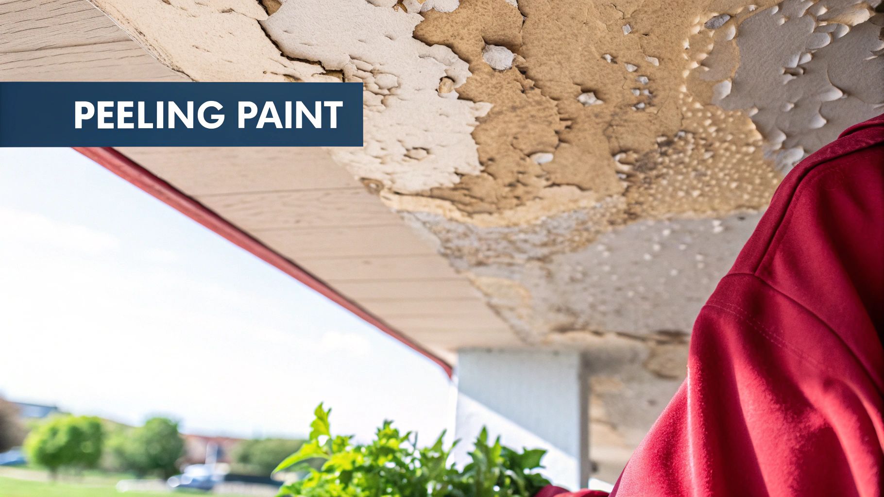 Close-Up Of A Ceiling With Severe Peeling Paint, Indicating Water Damage, With A Person Holding Plants.