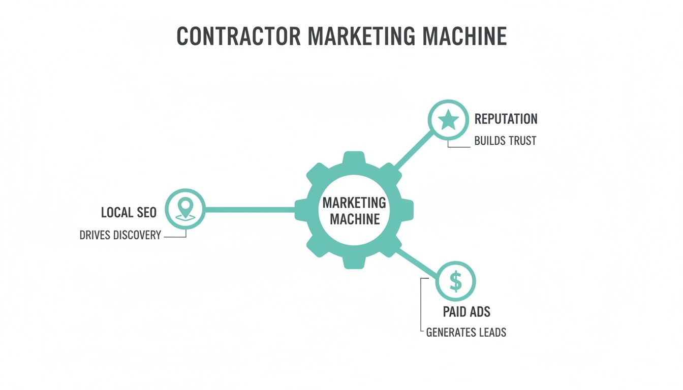 Diagram showing a contractor marketing machine with local SEO, reputation, and paid ads as key components.