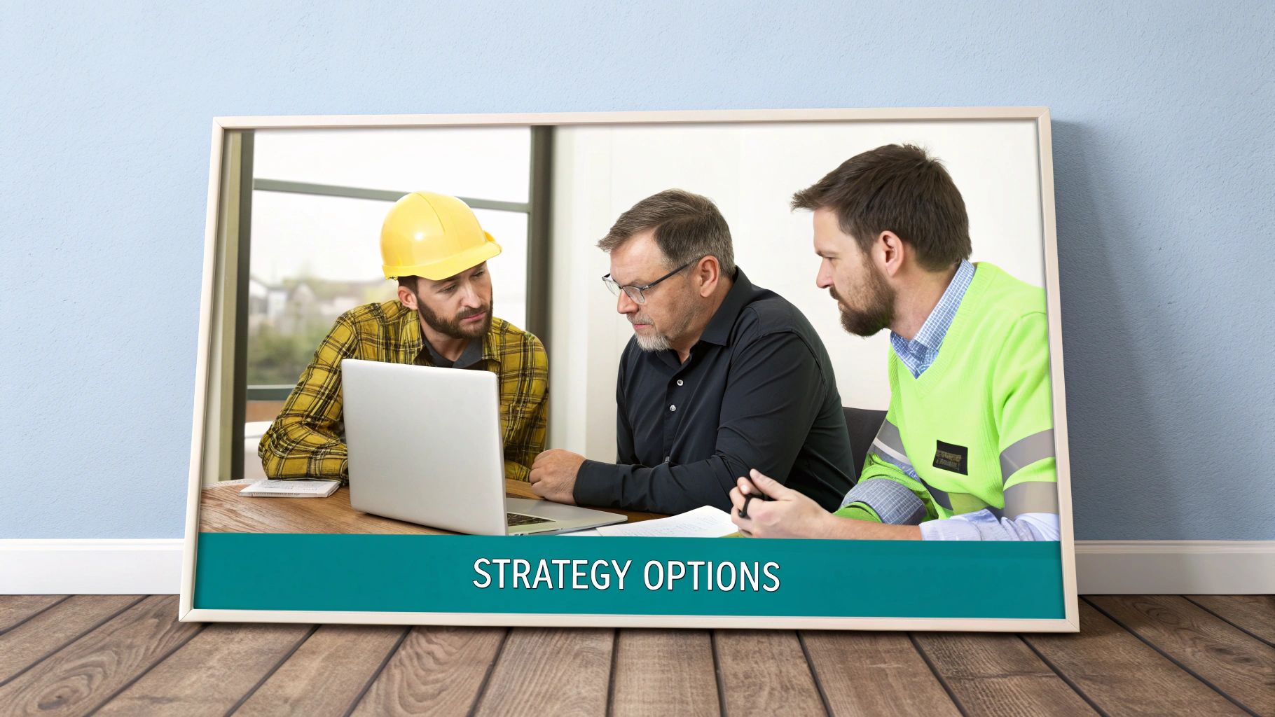 Three construction professionals discuss strategy options on a laptop, displayed in a framed picture.