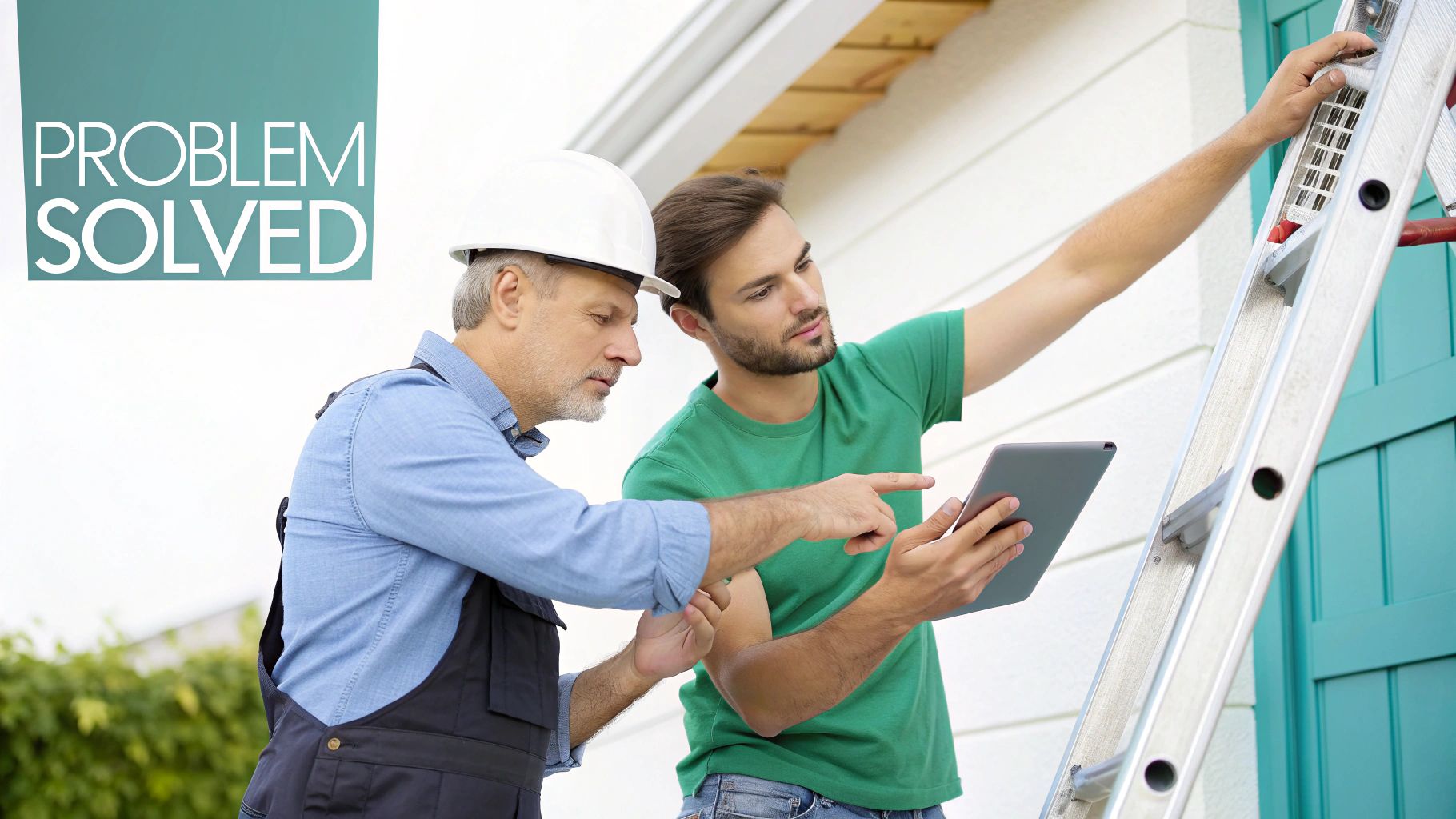 Two construction professionals review information on a tablet, solving a problem near a house ladder.